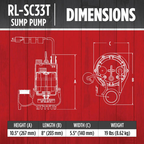 Diagram showing dimensions of Heavy Duty Submersible Sump Pump With Automatic Tethered Float Switch, One Third HP, 3350 GPH.