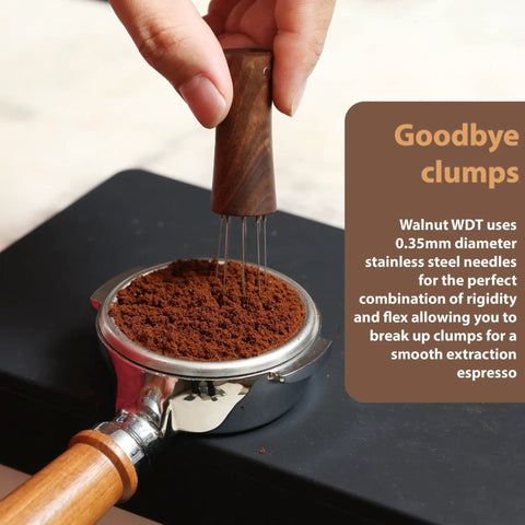 Espresso WDT Tool V2.0 with built-in magnet and 0.35mm stainless steel needles in a walnut handle, used in portafilter.