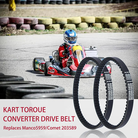 30 Series Go Kart Drive Belt Replaces 5959 and 203589 for Torque Converter Kits shown with a go-kart on a karting track.