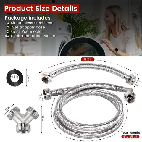 4 Foot Burst-Proof Steam Dryer Hose Kit With Braided Stainless Steel Line 90 Degree Elbow 1 Foot Inlet Adapter Hose And Y Connector For All Steam Dryers