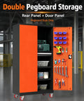 Heavy Duty Storage Cabinet With Built In Tool Drawer And Adjustable Shelves, Built To Last Reinforced Steel Construction For Tough Workshops, Keeps Screws Bits Tape Measures And Small Hardware Organized And Ready For Grab And Go Use. orange steel cabinet with pegboard door and shelves