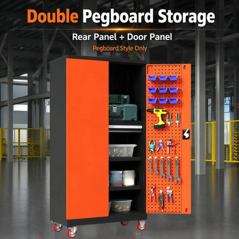 Heavy Duty Storage Cabinet With Built In Tool Drawer And Adjustable Shelves, Built To Last Reinforced Steel Construction For Tough Workshops, Keeps Screws Bits Tape Measures And Small Hardware Organized And Ready For Grab And Go Use. orange steel cabinet with pegboard door and shelves