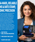 Rock Solid Foolproof Atomic Employee Time Clock With WWVB Sync Auto Drift Correction Simple Time Date Stamp Machine For Small Business Payroll No Sweat Operation Made In Usa, shown by woman holding clock.