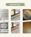 Before and after transformation using Premium Gray Wood Grain Peel And Stick Film 2.4 Inch By 15 Feet on furniture and flooring.