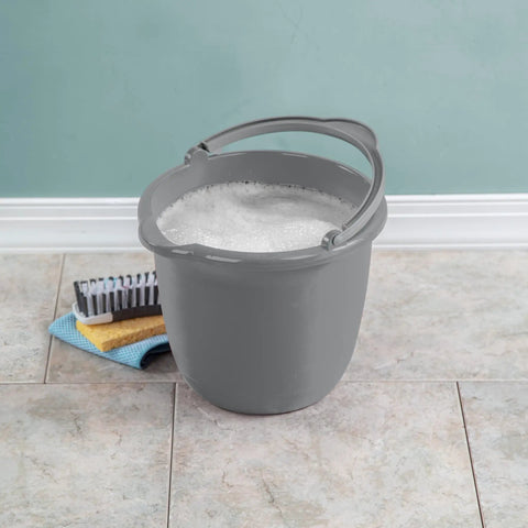 10 Qt Titanium Spout Pail Mop Bucket With Pour Spout And Comfort Grip Handle next to cleaning brush and sponge on tiled floor