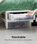 Under Bed Storage Bins Set Of Two, 22 Quart Stackable Organizer Containers With Sliding Drawers For Clothes Shoes Bedding In White, Durable Plastic, Easy Access, Space Saving Design For Dorms And Small Closets
