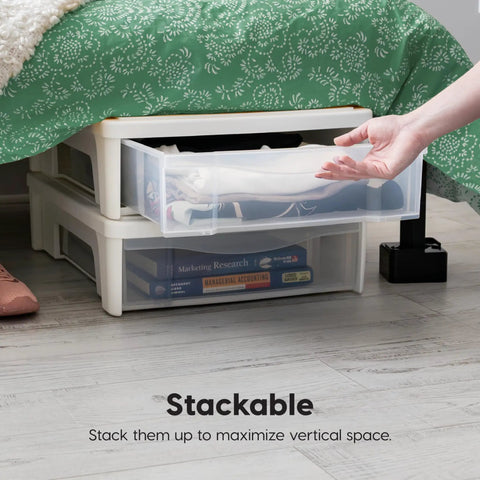 Under Bed Storage Bins Set Of Two, 22 Quart Stackable Organizer Containers With Sliding Drawers For Clothes Shoes Bedding In White, Durable Plastic, Easy Access, Space Saving Design For Dorms And Small Closets