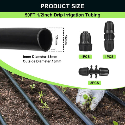 50 Feet 1/2 Inch Drip Irrigation Tubing Main Line Hose For Garden Watering System with connectors and adapter shown