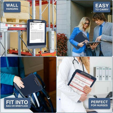 Clipboard With Storage And Pen Holder 8 Point 5 By 11 Inch Clip Board Plastic Organizer Case shown in various uses and settings