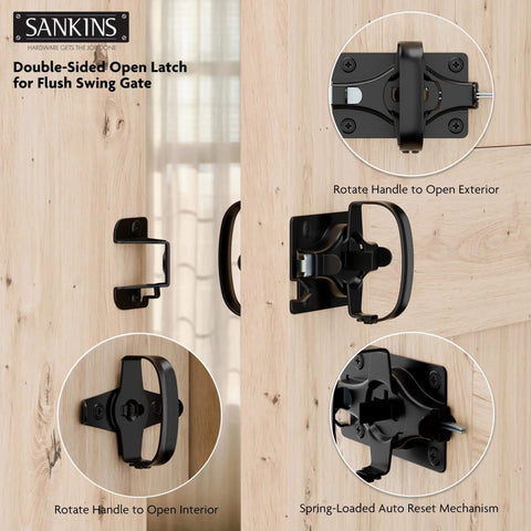 Heavy Duty Swinging Barn Door Latch With Dual Sided Handle for inside and outside access installed on wooden gate