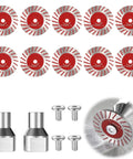 10 Piece Angle Grinder Diamond Saw Blades Set For Top Shelf Cutting On Granite Concrete Tile And Porcelain Includes Heavy Duty Aluminum Flange And Quick Swap Hardware For Zero Sweat Finishing Work, featuring red and silver blades.