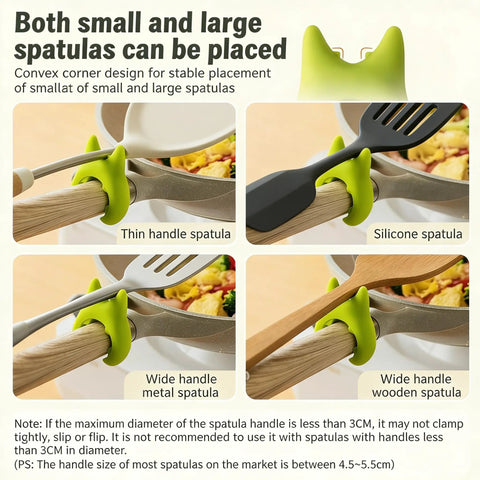 Red And Green Silicone Spoon Rests Set For Ladles, Tongs, Spatulas, Heat Resistant Utensil Holder showing spatulas in green holder