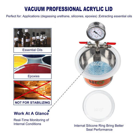 Front view of BACOENG 2-Quart stainless steel vacuum chamber with gauge, red valves, and silicone seal.