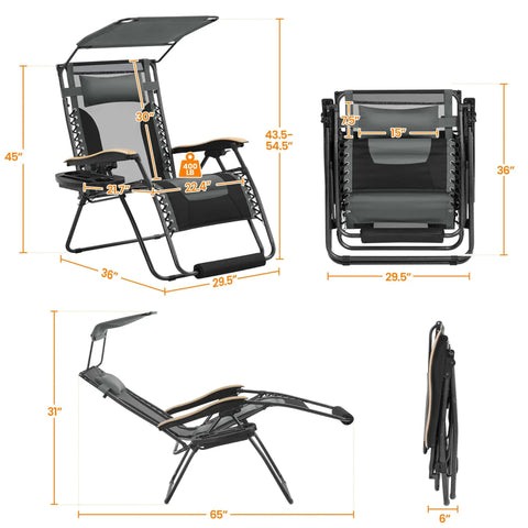 Zero Gravity Patio Lounge Chair With Cup Holder Tray Canopy Shade And Headrest Padded Adjustable Recliner For Beach Camping And Backyard Foldable Outdoor Lounger With Durable 600D Fabric In Gray And Black dimensions and folded view