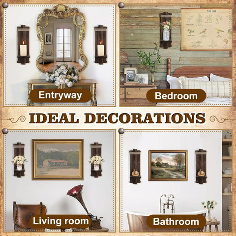 Handmade Paulownia Wood Candle Sconces Set Of Two Vintage Rustic Farmhouse Wall Decor displayed in entryway and bedroom.