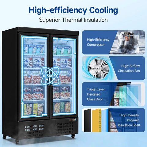 Heavy Duty Commercial Freezer Upright Two Door Glass Display Cold Storage 36 Cubic Feet with high-efficiency cooling features.