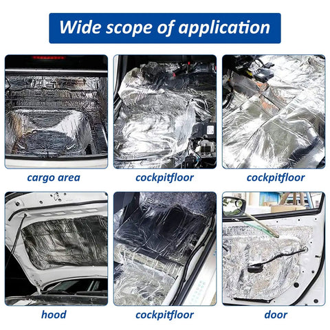Tough As Nails Car Heat And Sound Deadening Mat Silences Road Rumble And Shields Engine Bay From Scorching Temperatures With Durable Aluminum Foil Backing For Trunk Roof And Doors applied in cargo area, hood, door, and cockpit floors.