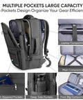 Sturdy Unisex Travel Backpack For Laptop, Carry-On Size With 40L Expandable To 48L, black, showing multiple compartments and zippers
