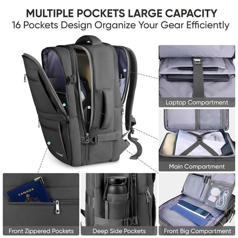 Sturdy Unisex Travel Backpack For Laptop, Carry-On Size With 40L Expandable To 48L, black, showing multiple compartments and zippers