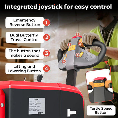 Heavy Duty Electric Counterbalance Workhorse Pallet Stacker Featuring 3300 Lb Capacity And A Snappy 10 Foot Lift Height for easy control joystick with buttons.