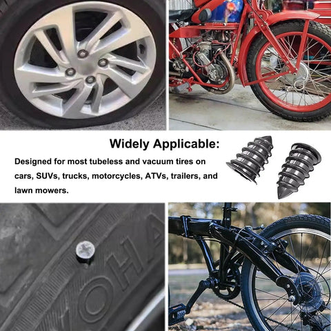 Universal 120 Piece Tire Repair Kit With Heavy Duty Rubber Nails No Sweat Screw In Puncture Plugs Includes Pro Pliers And Extractor For Fast Street Safe Fixes On Cars Trucks, showcasing tire plugs and installation examples.