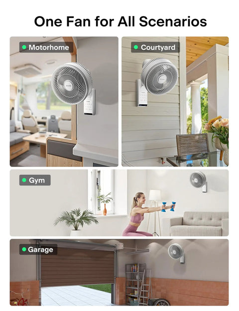 14-Inch Wall Mount Oscillating Fan With Remote Control in motorhome, gym, garage, and courtyard settings