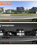 2K HD Battery Wireless Doorbell Camera with Ring Chime showing day and night vision in a neighborhood view