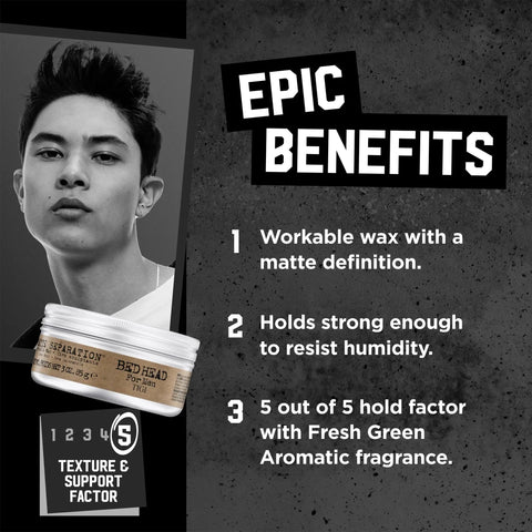Matte Separation Workable Hair Wax For Men With Beast Hold And Anti Humidity Travel Friendly 3 Pack Provides Definition Without Shine Strong Style Control Great For Frizz All Day Fresh Look benefits with image of product and text.