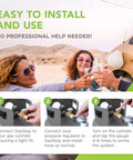 Steps for installing Propane Tank Gauge With Emergency Shut Off on RV with image of happy users in the background.