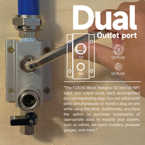 Heavy Duty Three Quarter Inch ID One Hundred Foot Air Piping Kit With Three Way Dual Outlet Aluminum Manifolds close-up