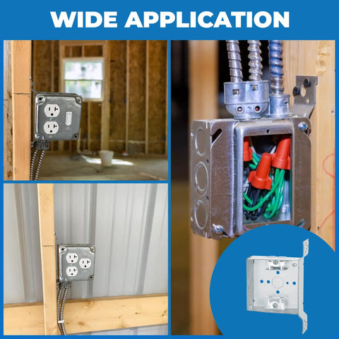 Four Pack Four Inch Welded Square Electrical Box With MC Clamp And Side Bracket Depth Two And One Eighth Inches With One Half And Three Quarter Inch Knockouts Ideal For Lighting Fixtures Switches And Receptacles UL Listed in wall applications