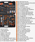 178 Piece Socket Wrench Set With Quick Release Ratchet Includes One Quarter Inch, Three Eighths Inch, One Half Inch Sockets