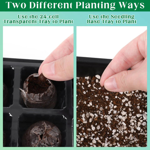 Hands planting seeds in 24-cell black plastic tray and base tray in 4 Pack Seed Starter Tray Kit With Humidity Dome And Base.