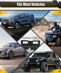 Collage showing SUV, ATV, car, and Jeep with central focus on Wheel Alignment Tool With Imperial Tape Measure And Heavy Duty Toe Alignment Plates No Caliper Removal Needed Detachable Automotive Alignment Kit For Cars Trucks SUVs Jeeps And ATVs At Home Diy diagram.