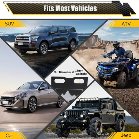 Collage showing SUV, ATV, car, and Jeep with central focus on Wheel Alignment Tool With Imperial Tape Measure And Heavy Duty Toe Alignment Plates No Caliper Removal Needed Detachable Automotive Alignment Kit For Cars Trucks SUVs Jeeps And ATVs At Home Diy diagram.