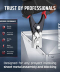 Snap Lock Punch Tool for Sheet Metal and Ductwork used on metal edge with performance details and BRUNNWEST branding