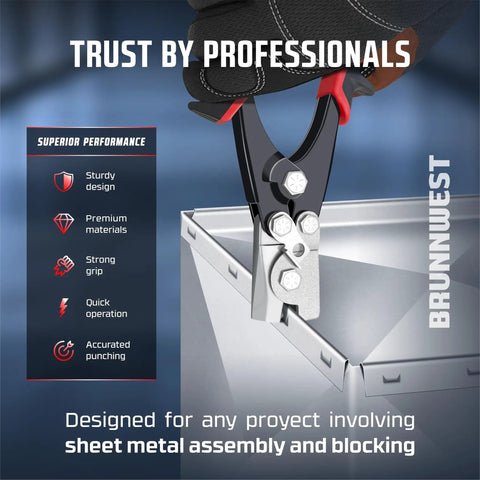 Snap Lock Punch Tool for Sheet Metal and Ductwork used on metal edge with performance details and BRUNNWEST branding