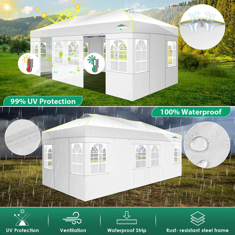 10x20 Pop Up Canopy Tent With 6 Removable Sidewalls, One Push Center Top Setup, Quick No Tools Frame, Waterproof Outdoor Event Shade For Parties, Weddings, 3 Height Settings, Comes With Carry Bag And Sandbags, White