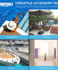 Collage of poolside, patio, dock, and bathroom with versatile accessory rack by Hydrotools for various settings.