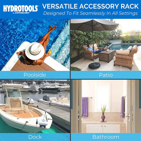 Collage of poolside, patio, dock, and bathroom with versatile accessory rack by Hydrotools for various settings.