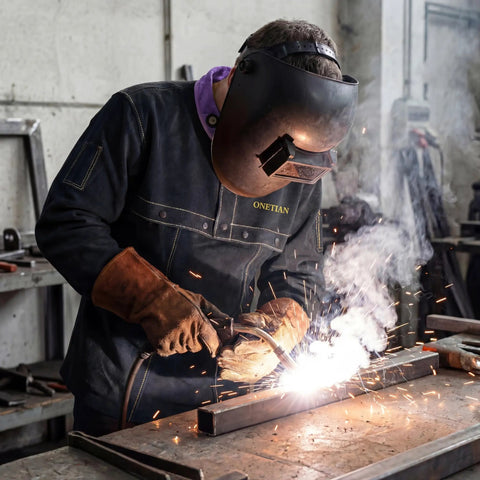 Cowhide Welding Cape Jacket Built Like A Tank Featuring Full Cape Sleeves Anchored To A Heavy Duty Bib Apron For Top Tier Heat And Spark Shielding In Pitch Black worn by a welder.  