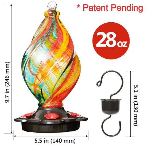 Ice Cream Shaped Spiral Hummingbird Feeder For Outdoors Hanging Hand Blown Glass 28 Fluid Ounces Leak Proof And Rustproof
