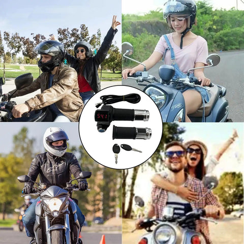 Pair Of Universal Electric Bike Throttle Grips With Key Full Twist Handlebar With LCD Battery Voltage Display 12V To 84V Compatible Throttle For E Bike Scooter Motorcycle, shown with motorcyclists riding bikes outdoors.