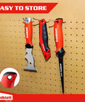 Goldblatt drywall tools: three red-handled jab, keyhole, and hand saws hanging on pegboard.