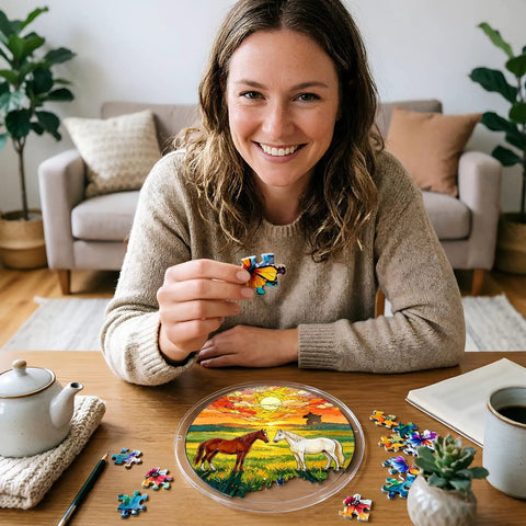 Woman assembling Unique Branches Of Love Acrylic Catcher Puzzle Kit for Doors Garden and Window Hanging with butterfly piece.