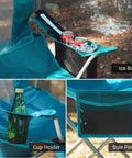 Heavy Duty Camping Folding Chair For Adults With Cup Holder And Cooler Pouch Plus Side Pocket Sturdy X Frame And Easy Setup Lightweight Portable Lawn Chair For Camping Beach Fishing Tailgating And Sports Blue showing cooler pouch, cup holder, and side pocket.