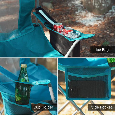 Heavy Duty Camping Folding Chair For Adults With Cup Holder And Cooler Pouch Plus Side Pocket Sturdy X Frame And Easy Setup Lightweight Portable Lawn Chair For Camping Beach Fishing Tailgating And Sports Blue showing cooler pouch, cup holder, and side pocket.