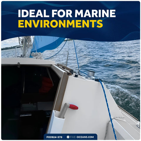 Five Oceans 10-inch floating sailboat winch handle with universal lock-in, in holder on boat deck