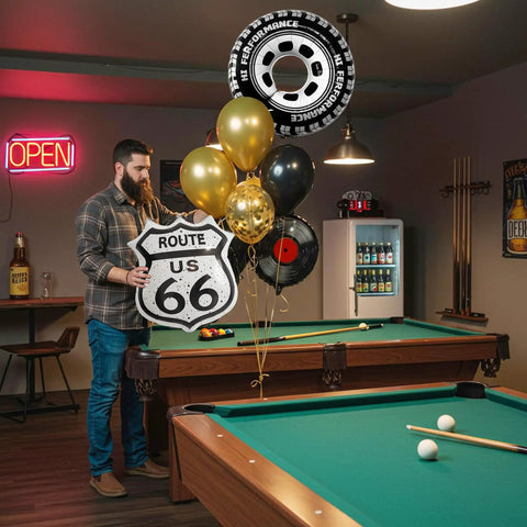 Man with Route 66 Retro Party Balloons Kit With Vintage Car Tire Decor And Vinyl Record Foil Balloons by a pool table