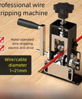 Fast And Easy Wire Stripping Tool For Scrap Copper And DIY Cables No Assembly Required Works With Drill 0.04 To 0.8 Inch Wire Range Replacement Blades Included Precision Hand Peeler For Cleaner Copper Recycling showing wire stripping capacity and manual operation crank on a wood surface.